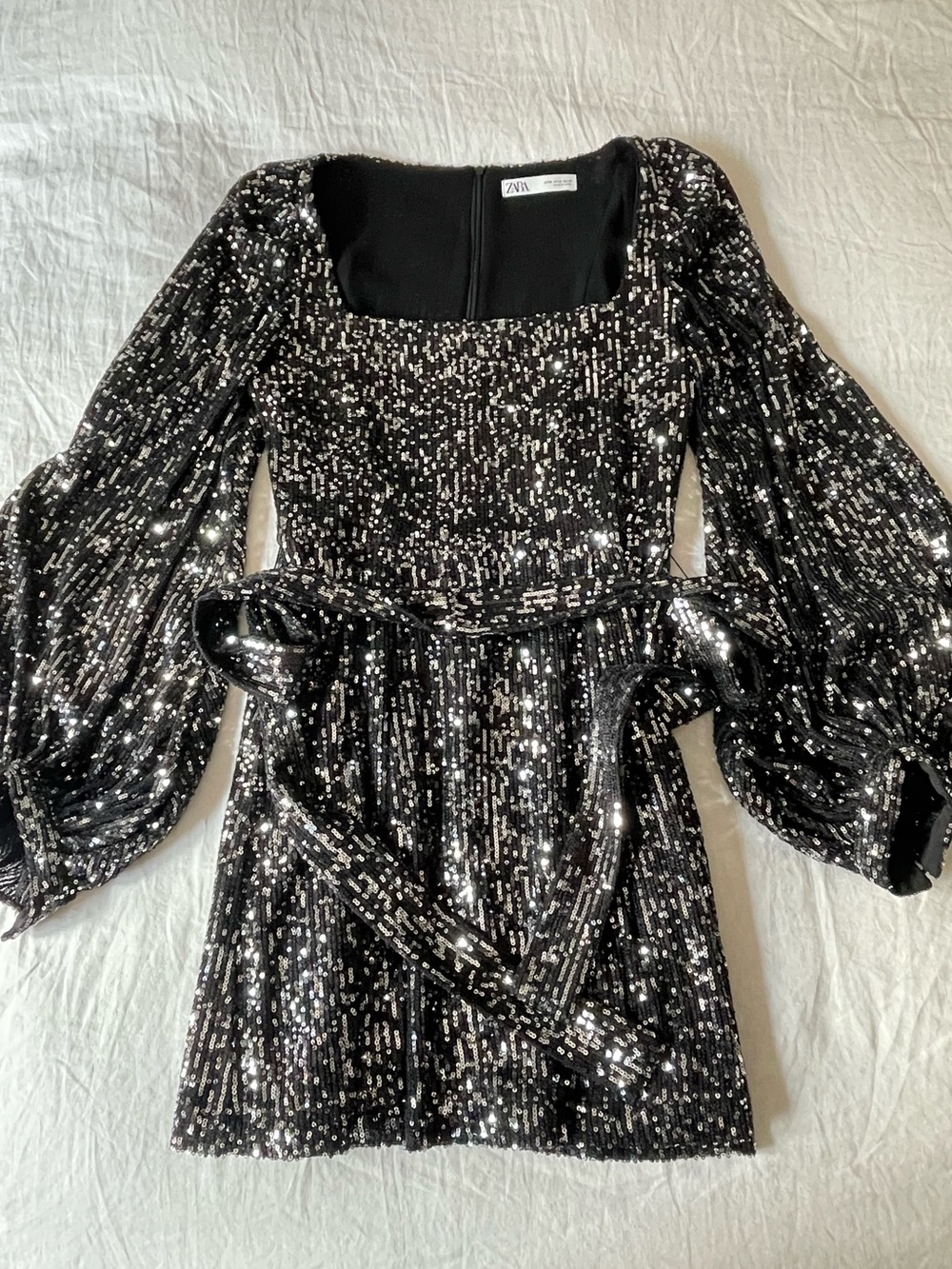 Zara Mini Sequin Dress Belted Bell Sleeves Silver Gray Black M
